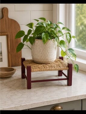 Handmade Woven Rush Footstool by Local Artisan | Solid Wood Boho Accent Stool